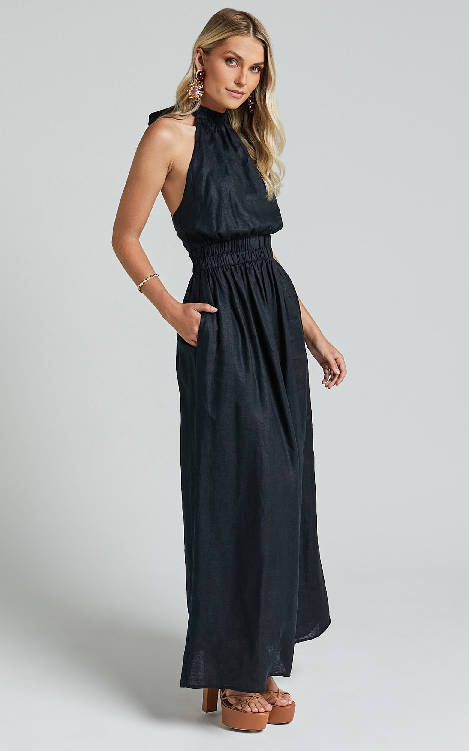 Amalie The Label Shepard Linen Blend Halter Neck Maxi Dress in Black