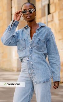 Faharra Shirt - Recycled Cotton Denim Shirt in Mid Blue Acid Wash