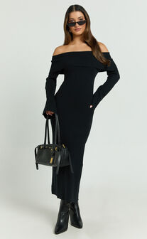 Maisie Midi Dress - Off Shoulder Long Sleeve Fitted Column Knit Dress in Black