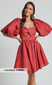 Amalie The Label - Penelopia Linen Blend Puff Sleeve Twist Bodice Mini Dress in Vermilion