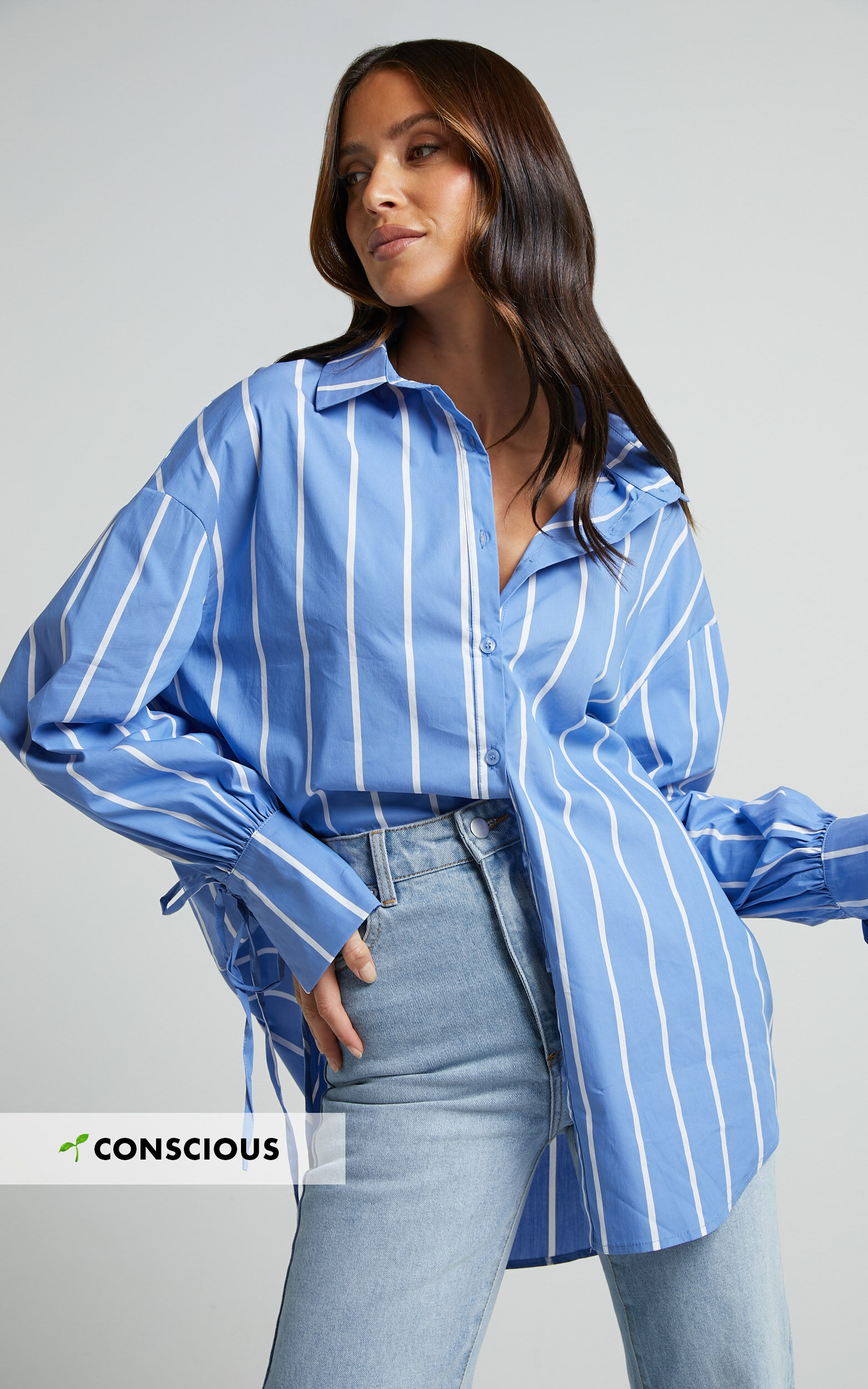 Cazie Shirt - Tie Cuff Long Sleeve Shirt in Light Blue Stripe - 04, BLU1