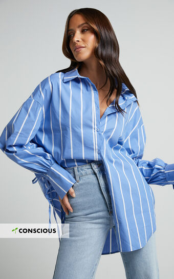 Cazie Shirt - Tie Cuff Long Sleeve Shirt in Light Blue Stripe