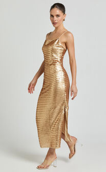 Niquita Midi Dress - Square Sequin Column Dress in Gold