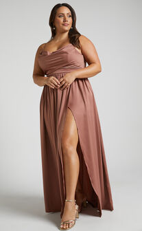 Gemalyn Maxi Dress - Cowl Neck Thigh Split Dress in Dusty Rose