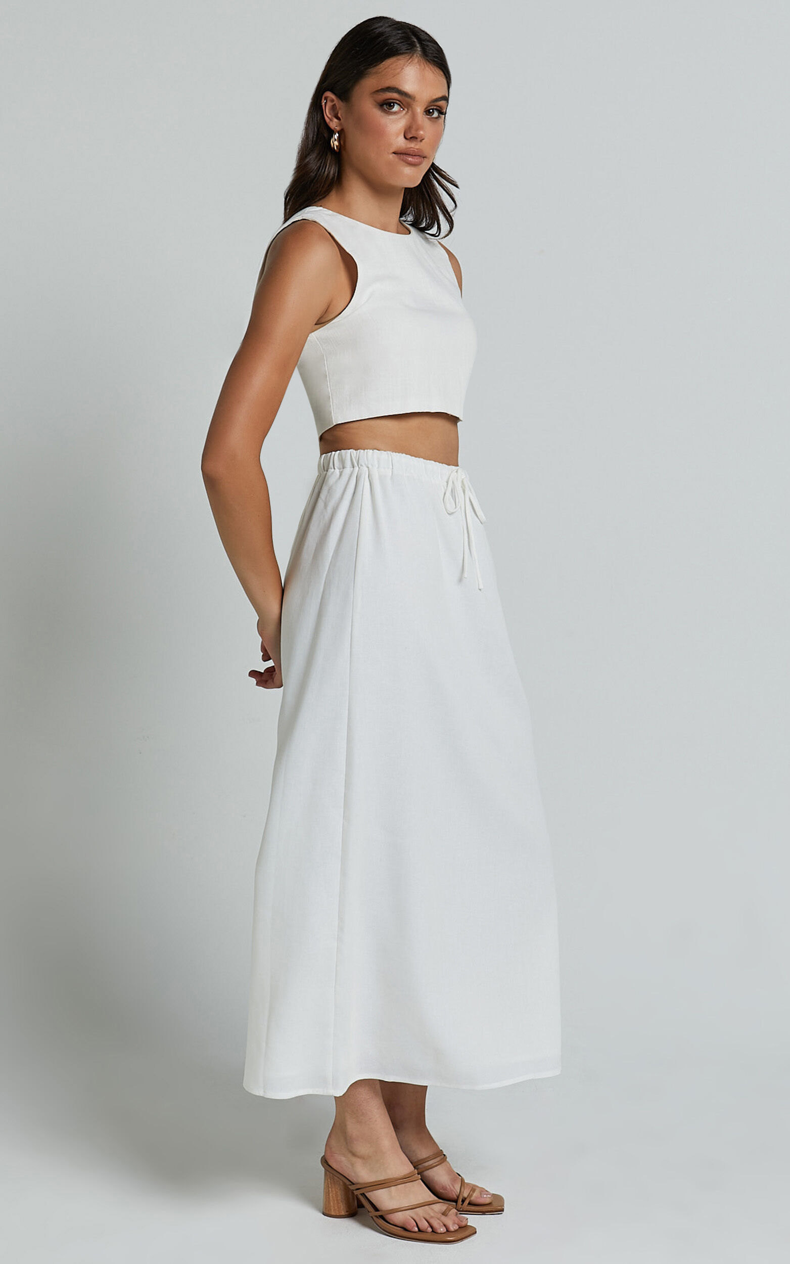 Bree Midi Skirt Tie Waist Linen Look A Line Skirt in White