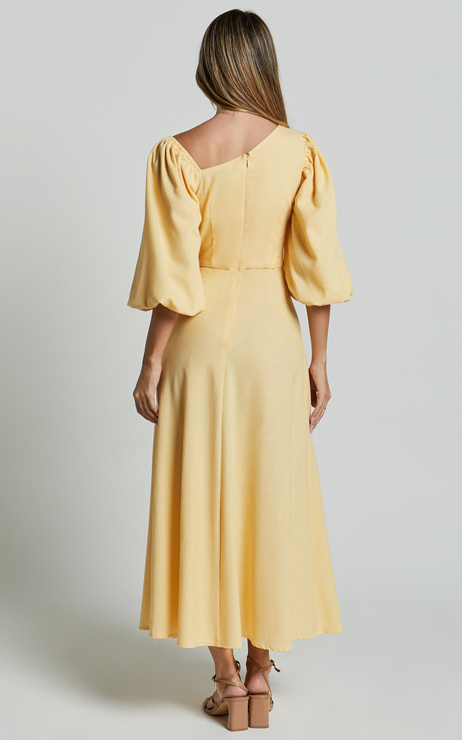 Rhyne Midi Dress Asymmetric Puff Sleeve Side Cut Out A Line Dress in Lemon Showpo