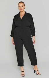 Ayelin Jumpsuit - Linen Look Relaxed 3/4 Sleeve Jumpsuit in Black | Showpo