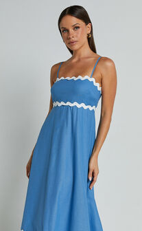 Moriseth Midi Dress - Linen Look Sleeveless Fit Flare Dress in Blue