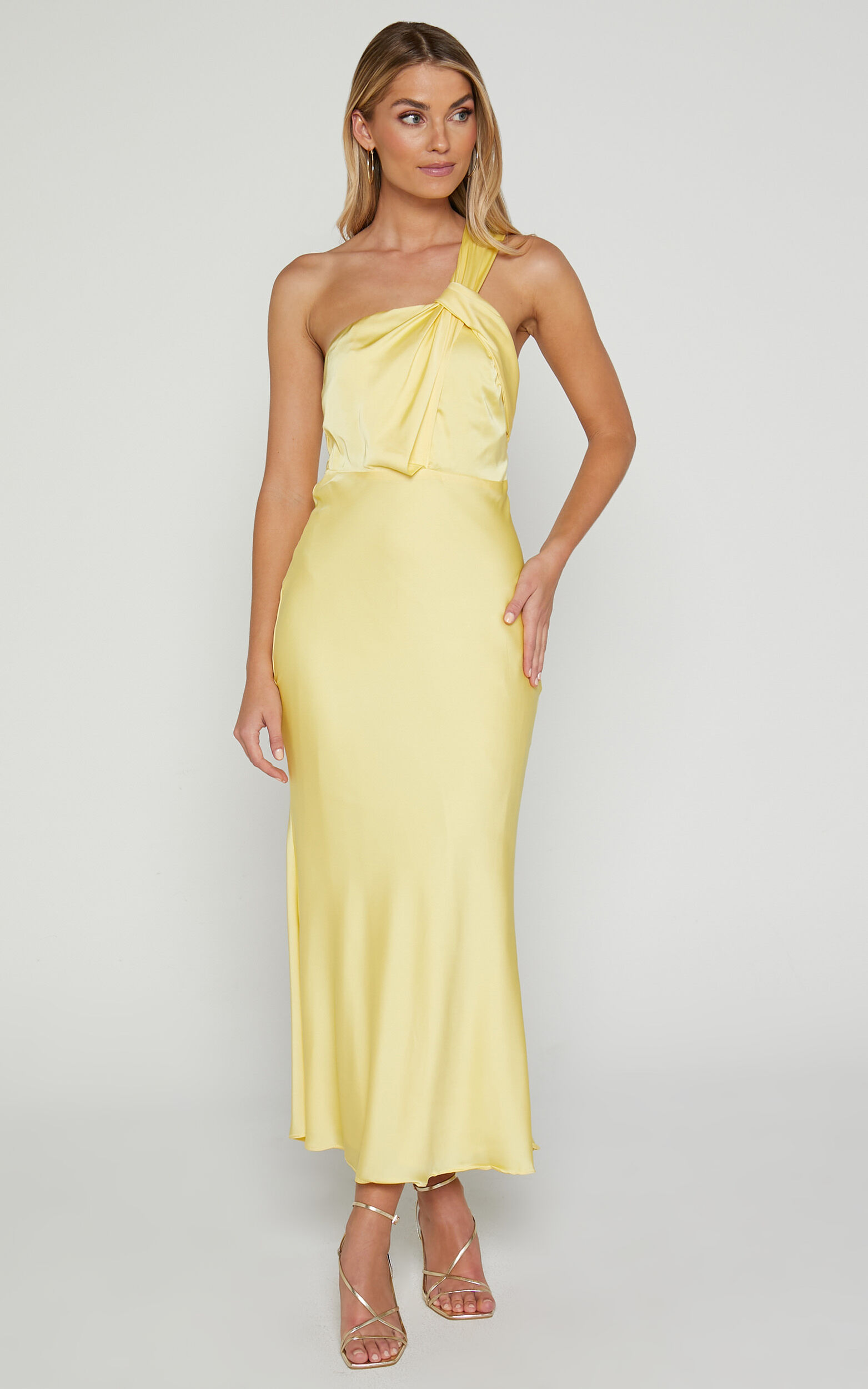 Carmella Midi Dress - One Shoulder Twist Detail Dress in Butter Yellow - 06, YEL1