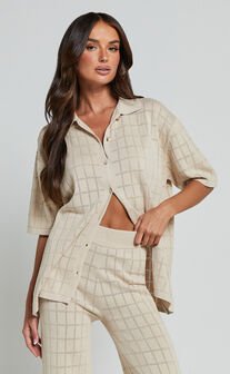 Tommy Two Piece Set - Knit Button Through Top and Pants Two Piece Set in Sand