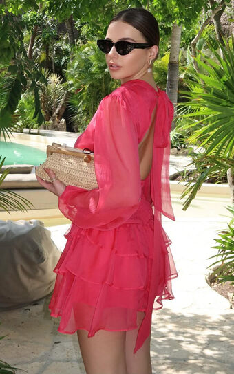Charlize Mini Dress - High Neck Long Sleeve Layered Dress in Coral ...