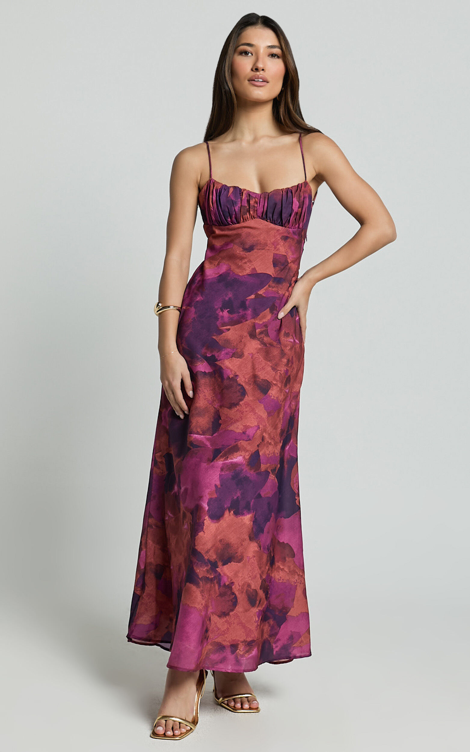 Giselli Midi Dress - Adjustable Strap Ruched Bust Dress in Dark Rose Print - 06, PNK1