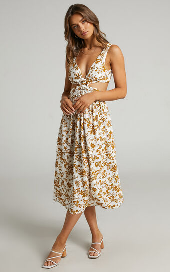 Timothea Midi Dress - Linen Look Sleeveless Ring Front Dress in Mustard Floral