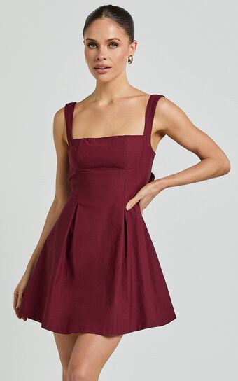 Ida Mini Dress - Wide Strap Straight Neck  bow back dress in Berry