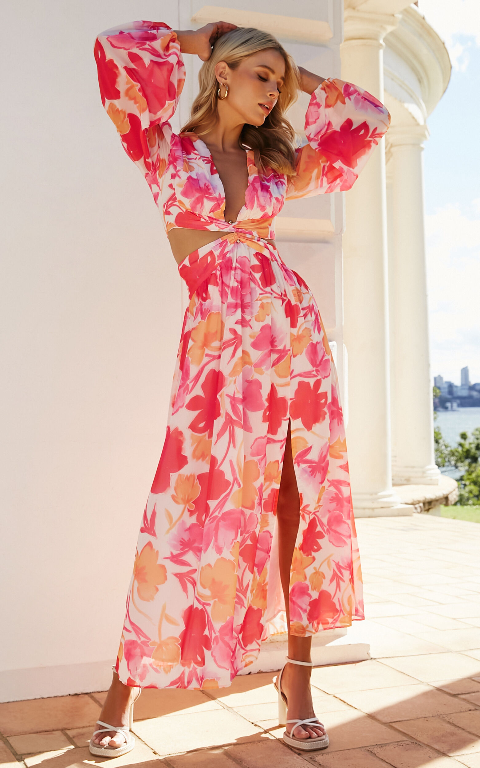 Emilee Midi Dress - Side Cut Out Long Sleeve Plunge Dress in