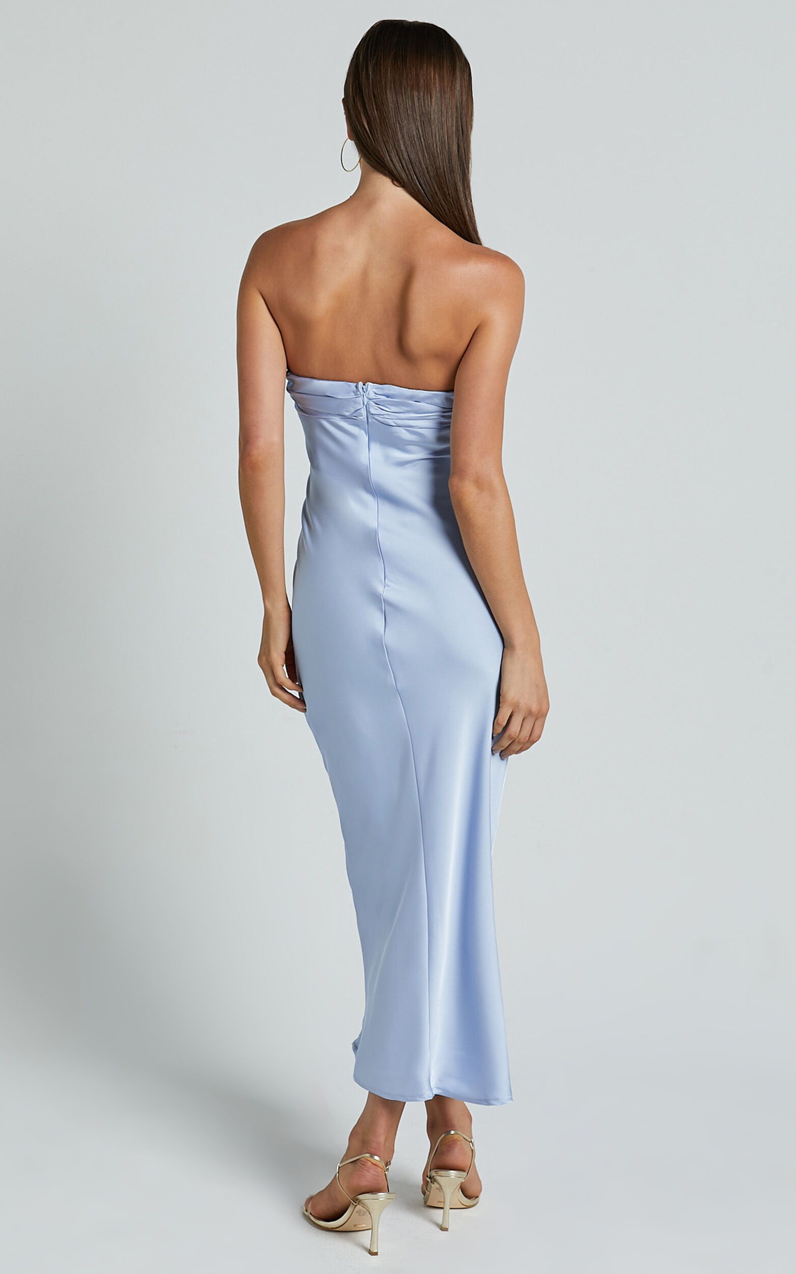 Margot Midi Dress - Gathered Bust Detail Strapless Satin Bias Cut Dress in  Light Blue