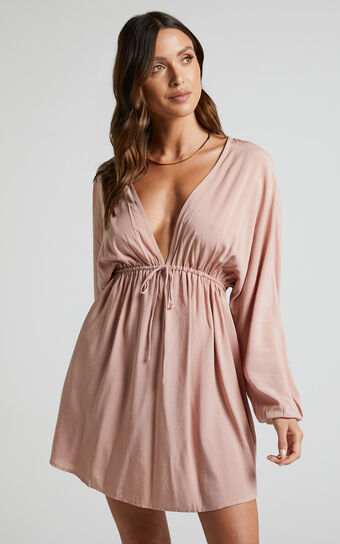 Tyrica Mini Dress - V Neck Tie Waist Long Sleeve Dress in Dusty Pink