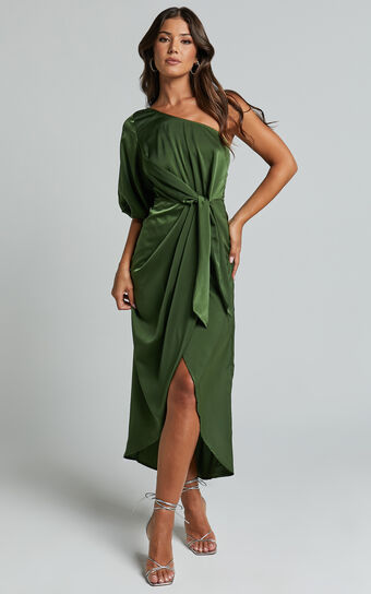 Janae Midi Dress  One Shoulder 3/4 Sleeve Wrap in Olive Showpo