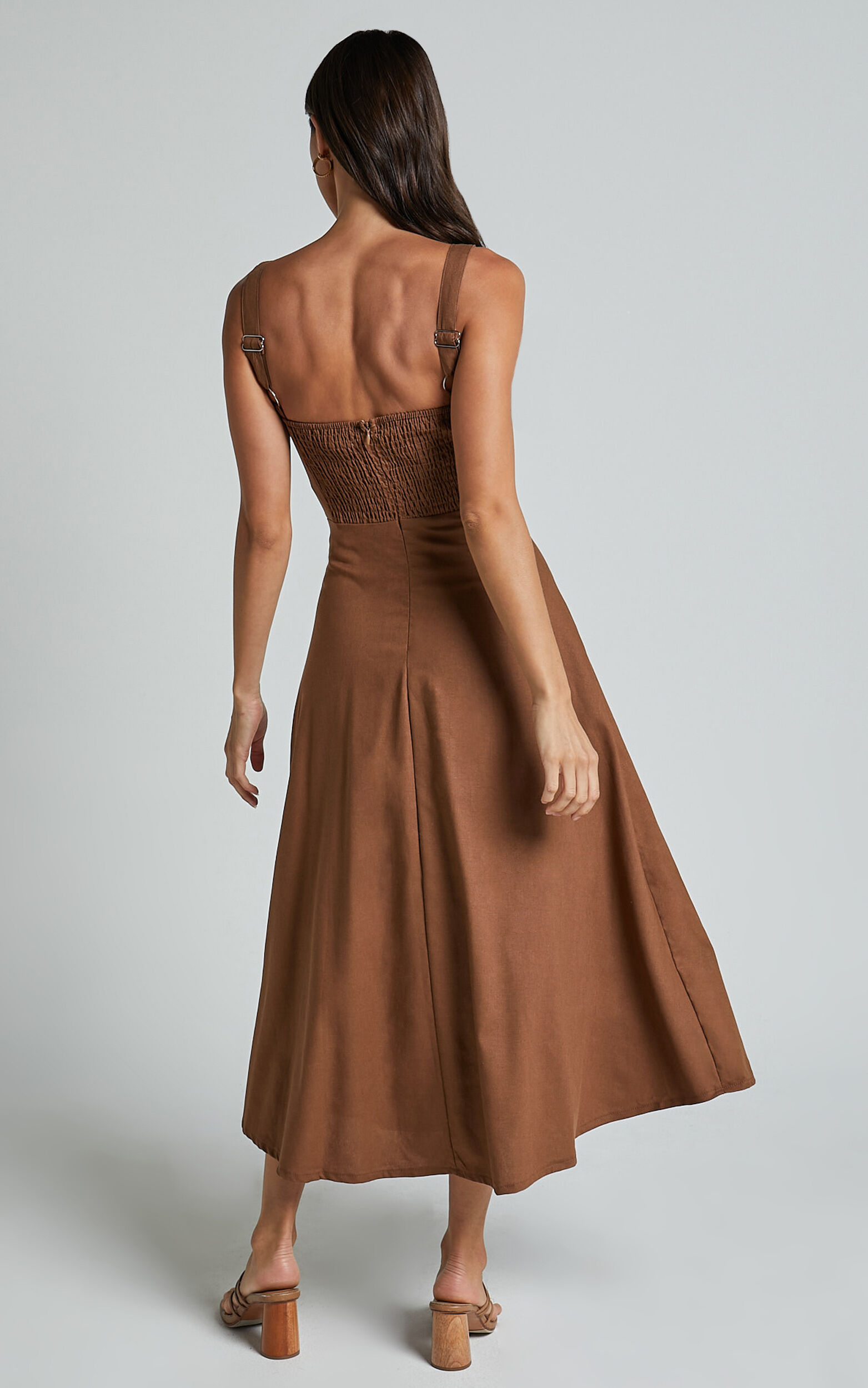 Adelyn Midi Linen Dress - Square Neck Sleeveless A Line Dress in Tobacco | Showpo USA