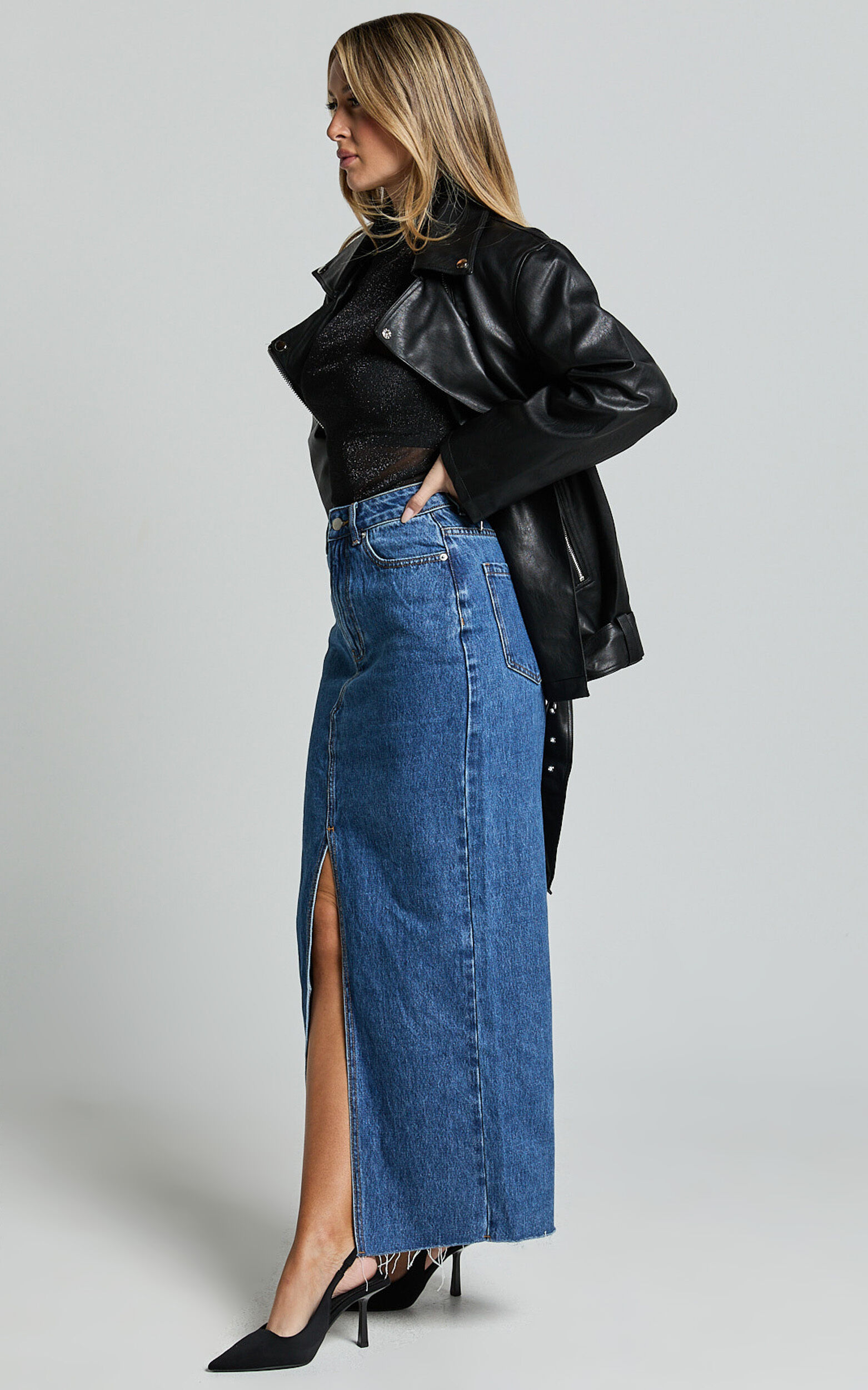 Dark blue faux leather jacket store