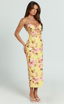 Janice Midi Dress - Knot Detail Front Split Dress in Sunshine Floral