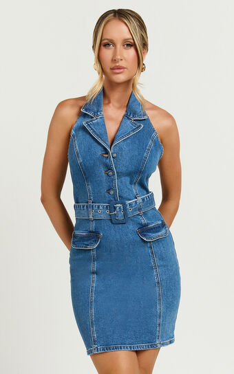 Remi Mini Dress - Halter Belt Denim Dress in Dark Blue Wash