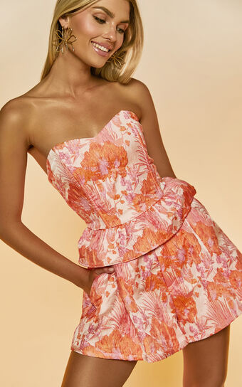 Hailey Top - Jacquard Strapless Peplum Top in Pink & Orange