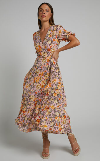 Lisse Midi Dress - Frill Detail V Neck Wrap Dress in Pink Floral