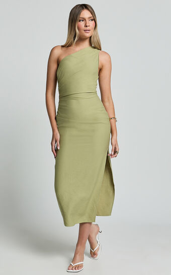 Arnie Midi Dress - One Shoulder Side Split Dress in Matcha Green