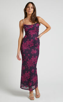 Ariel Midi Dress - Mesh Bodycon Tie Detail Dress in Purple Floral