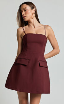 Katia Mini Dress - Strappy Corset A Line Dress in Chocolate