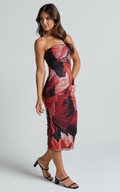 Brunetta Midi Dress - Strapless Mesh Dress in Peach and Black Floral ...