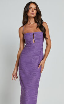 Beverly Midi Dress - Textured Cut Out Dress in Purple