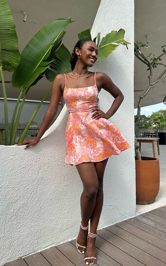 Lauraine Mini Dress - Strappy Straight Neck Back Cut Out Dress in Pink and Orange Floral