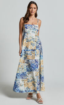 Olivia Midi Dress - Straight Neck Strappy A-Line Dress in Patchwork Floral