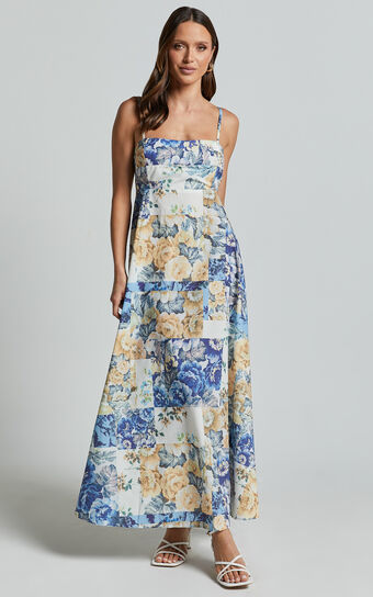 Olivia Midi Dress Straight Neck Strappy A-Line in Patchwork Floral Showpo Sale