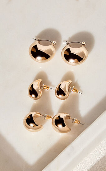 Avril Earrings - Thick Hoop Detail 3 Earring Pack in Gold
