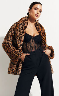 Jocelyn Coat - Faux Fur Animal Print Coat in Leopard