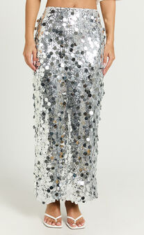 Sinclair Midi Skirt - Sequin Column Skirt in Silver