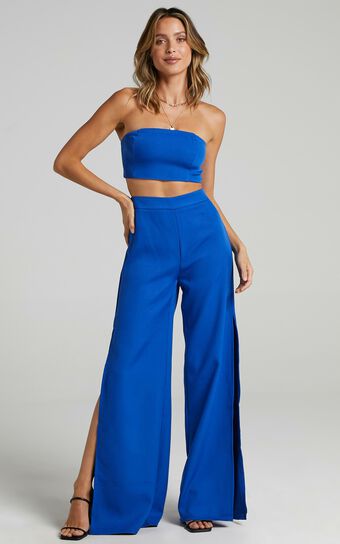 I'm The One Two Piece Set - Strapless Crop Top and Pant Set in Cobalt