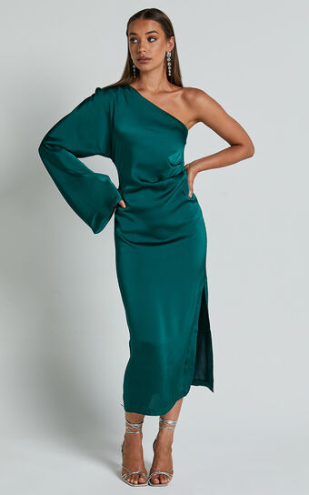 Tammy Midi Dress - One Sleeve Satin Dress in Emerald Green