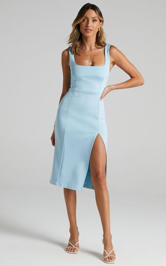 Mini Love Midi Dress - Square Neck Split Dress in Light Blue