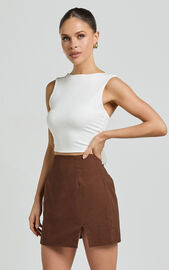 Mindy Mini Skirt - Linen Look A Line Side Split Skirt in Brown | Showpo EU