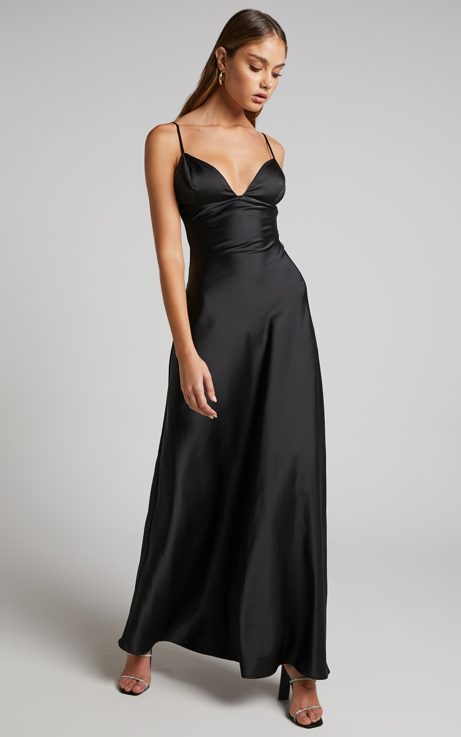 Cariela Midi Dress Plunge Neck Satin Dress in Black Showpo