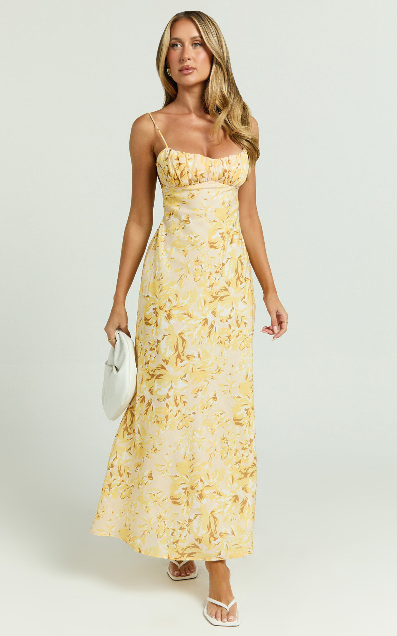 Giselli Midi Dress - Adjustable Strap Ruched Bust Dress in Lemon Floral | Showpo USA
