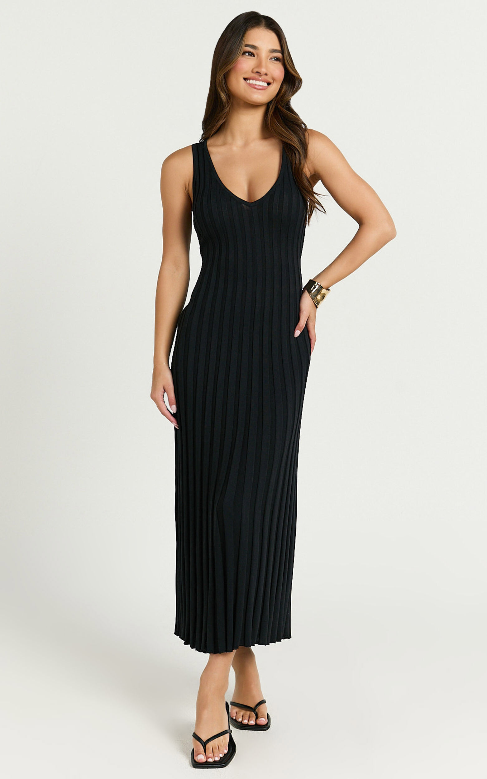 Maya Midi Knit Dress - Sleeveless V Neck Knited Dress in Black - 04, BLK1