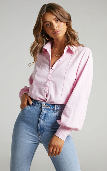 Kiva Blouse - Linen Look Long Sleeve Button Up Blouse in Baby Pink