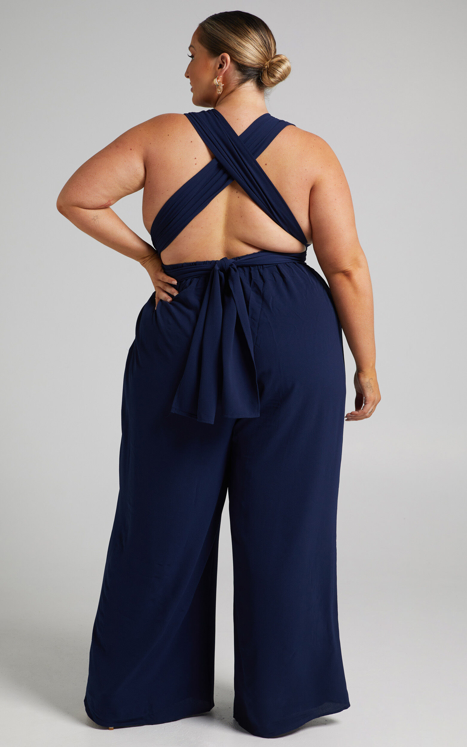 Girls Life Jumpsuit Plunge Cross Back Tie Jumpsuit in Navy