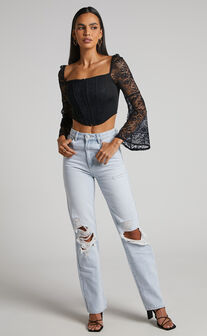 Sienna Top - Lace Bell Sleeve Corset Top in Black