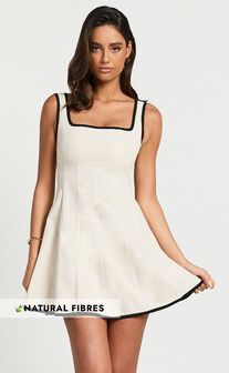 Antoni Mini Dress - Linen Look Ruched Back Square Neck Fit and Flare Dress in Natural